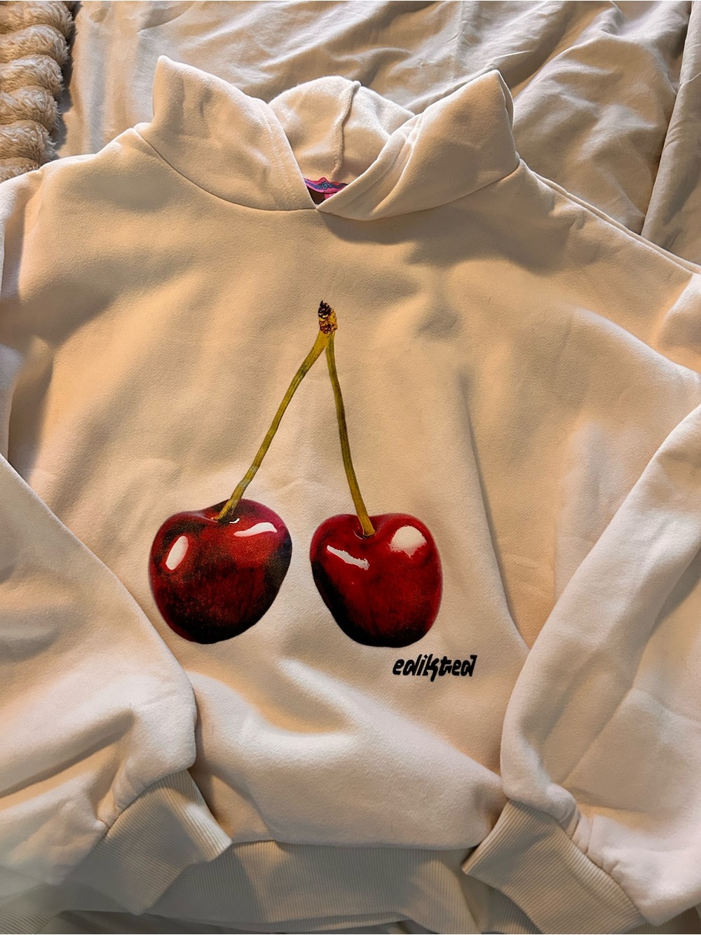 Edikted Cream Hoodie with Red Cherry Graphic